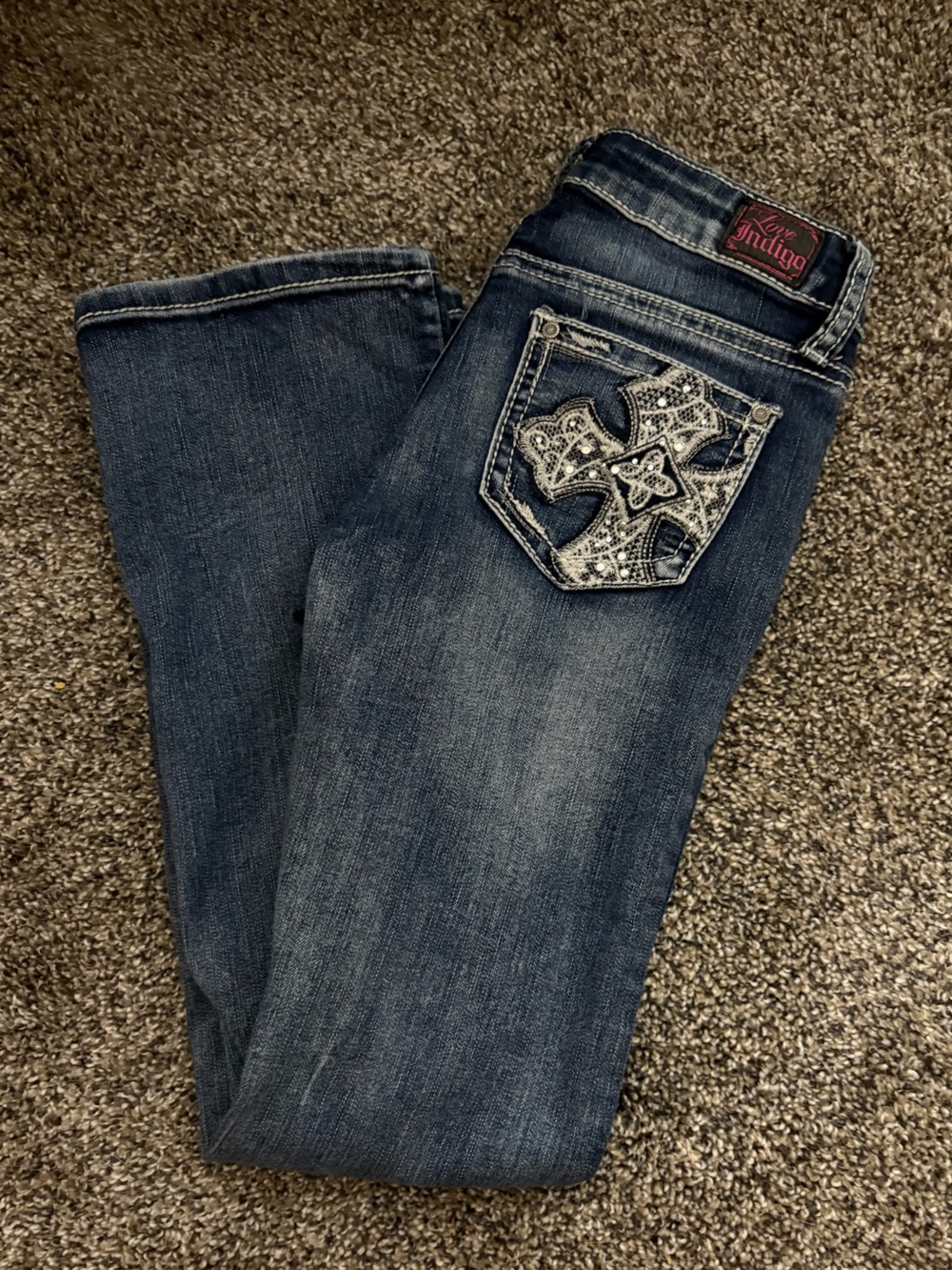 Love Indigo Dark Blue Girls Embroidered Pocket Jeans